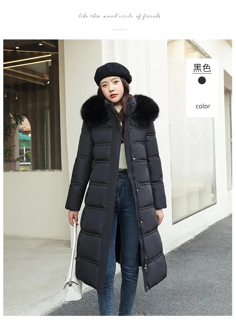 2022 Winter New Down Cotton Parkas Jacket Women's X-Long Faux Fur Collar Padded Jacket Thick Loose Large Size Padded Jacket