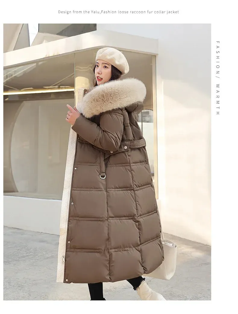 2022 Winter New Down Cotton Parkas Jacket Women's X-Long Faux Fur Collar Padded Jacket Thick Loose Large Size Padded Jacket