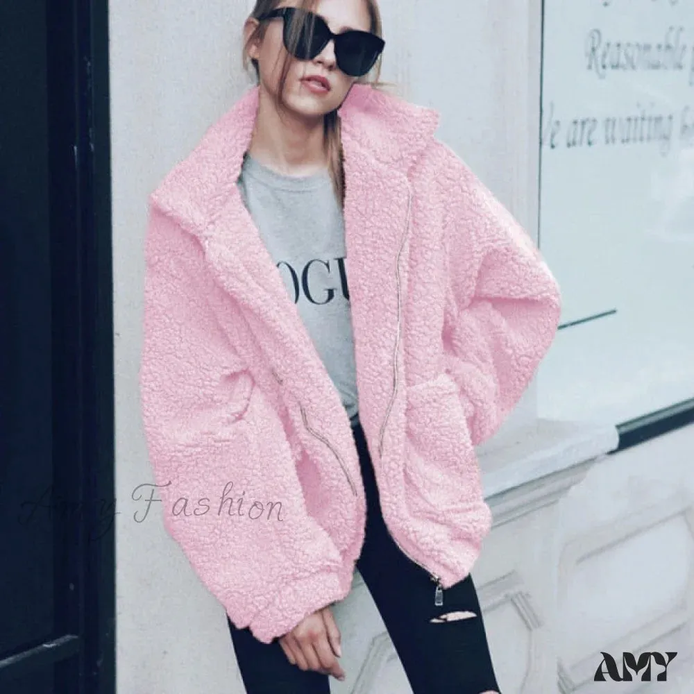 Amy Fashion - Soft Fur Plush Pocket Plus Size Teddy Coat