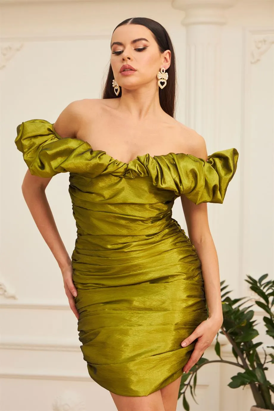 Angelino Peanut Green Tafta Low Shoulder Short Evening Dress