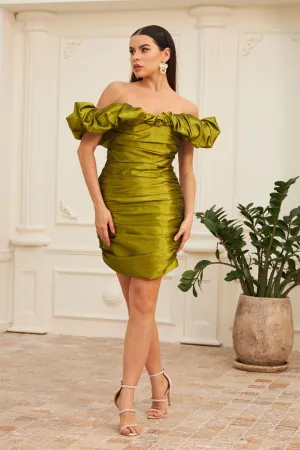 Angelino Peanut Green Tafta Low Shoulder Short Evening Dress