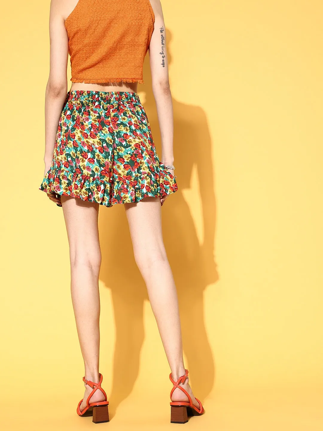 Berrylush Women Yellow & Red Floral Printed Side Tie-Up Ruffled Wrap Mini Skorts