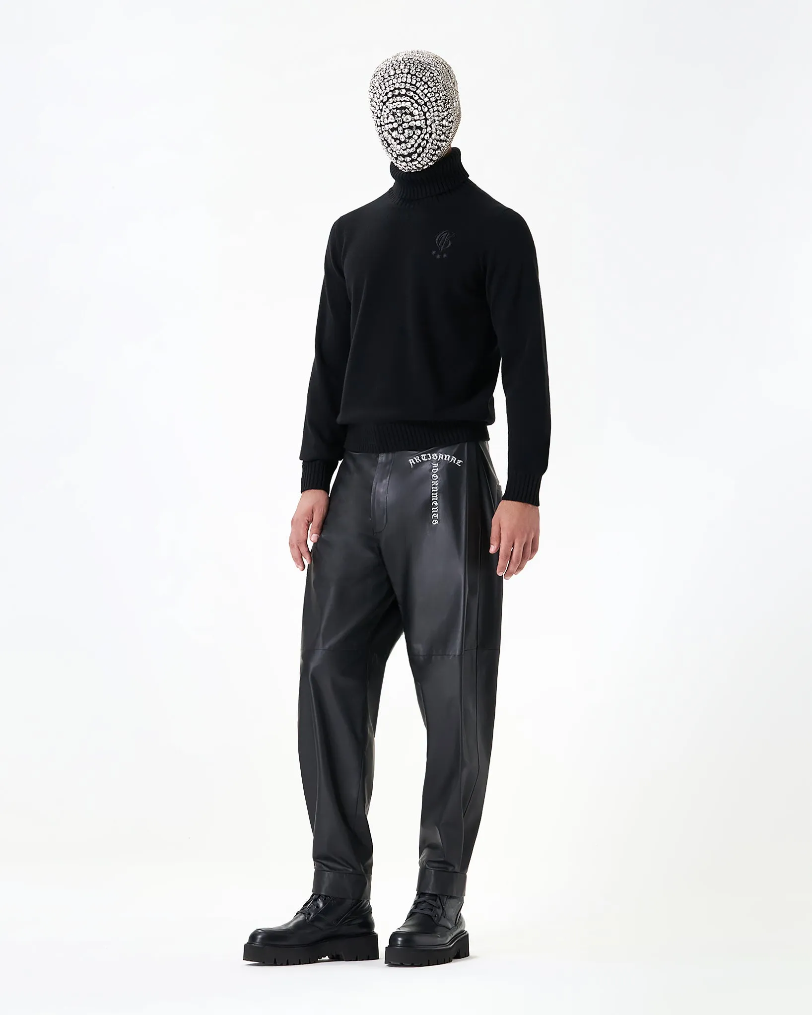 Black calfskin pants with lapels