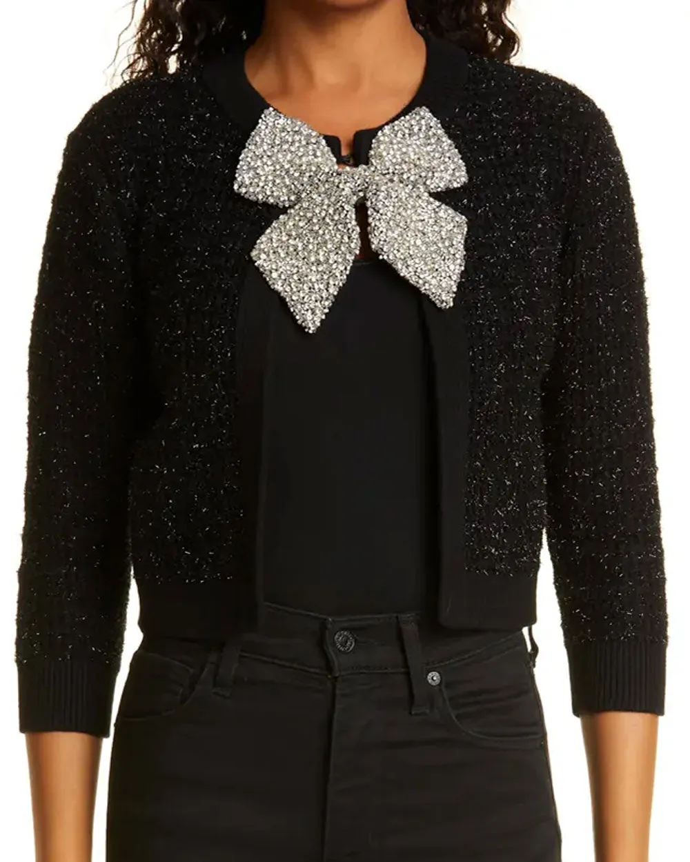 Black Tweed Bow Embellished Akira Cardigan