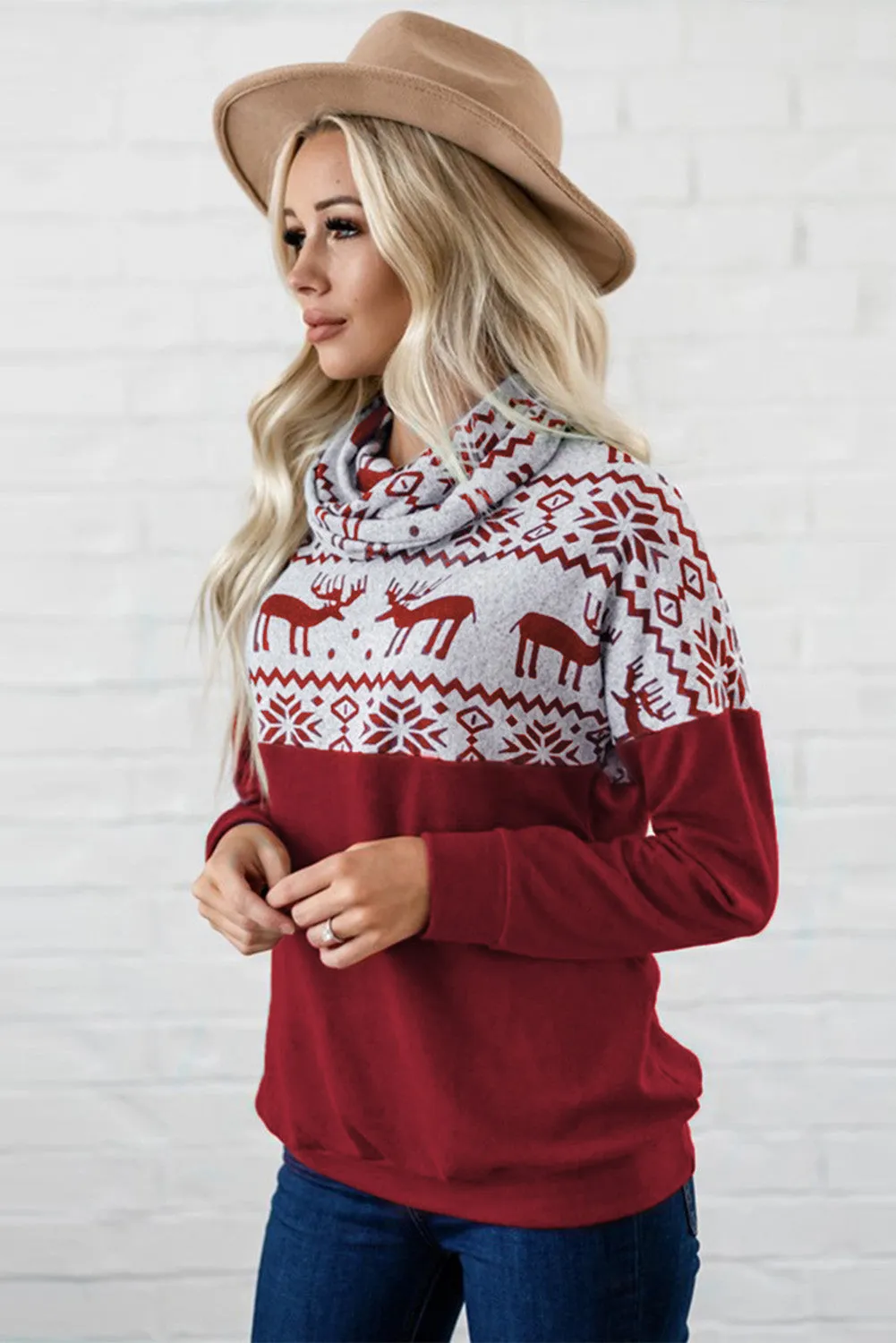 Burgundy Christmas Elk Print Cowl Neck Knit Top