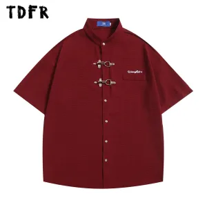 Button Decoration Short Sleeve Shirts - Solid Color Streetwear