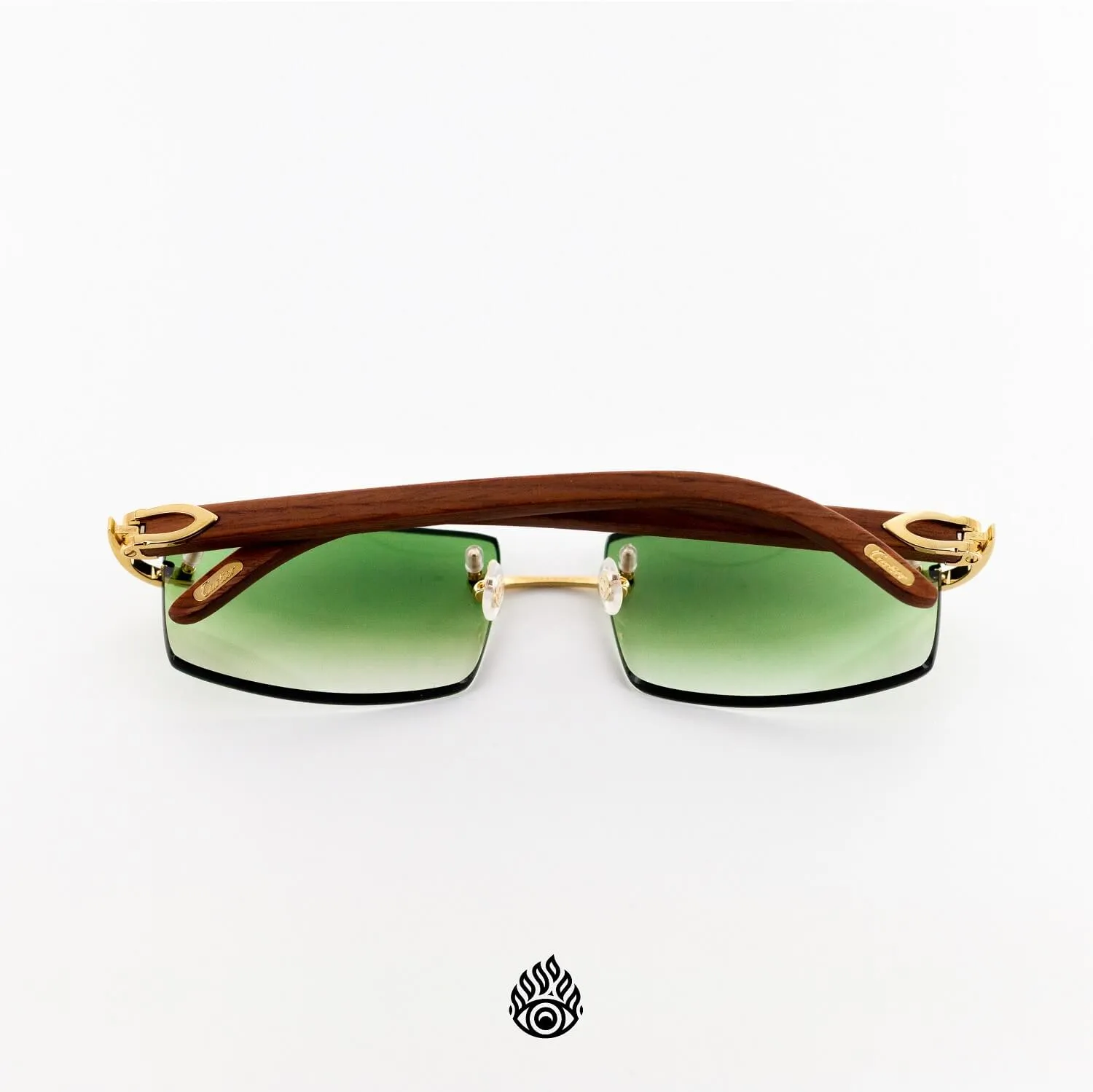 Cartier Light Wood Glasses with Gold C Decor and Green Lens