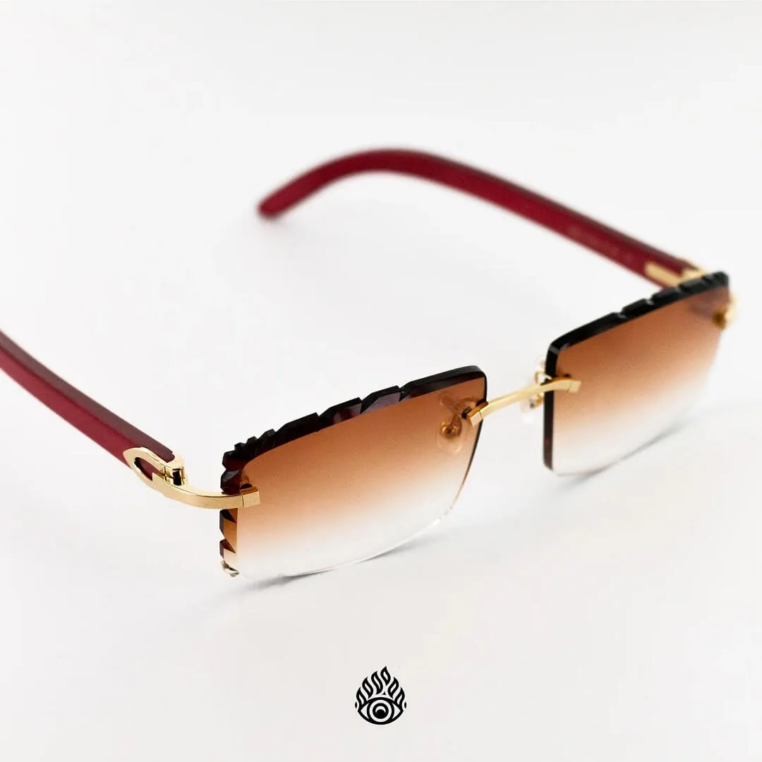 Cartier Red Wood Glasses with Gold C Decor and Honey Brown Lens