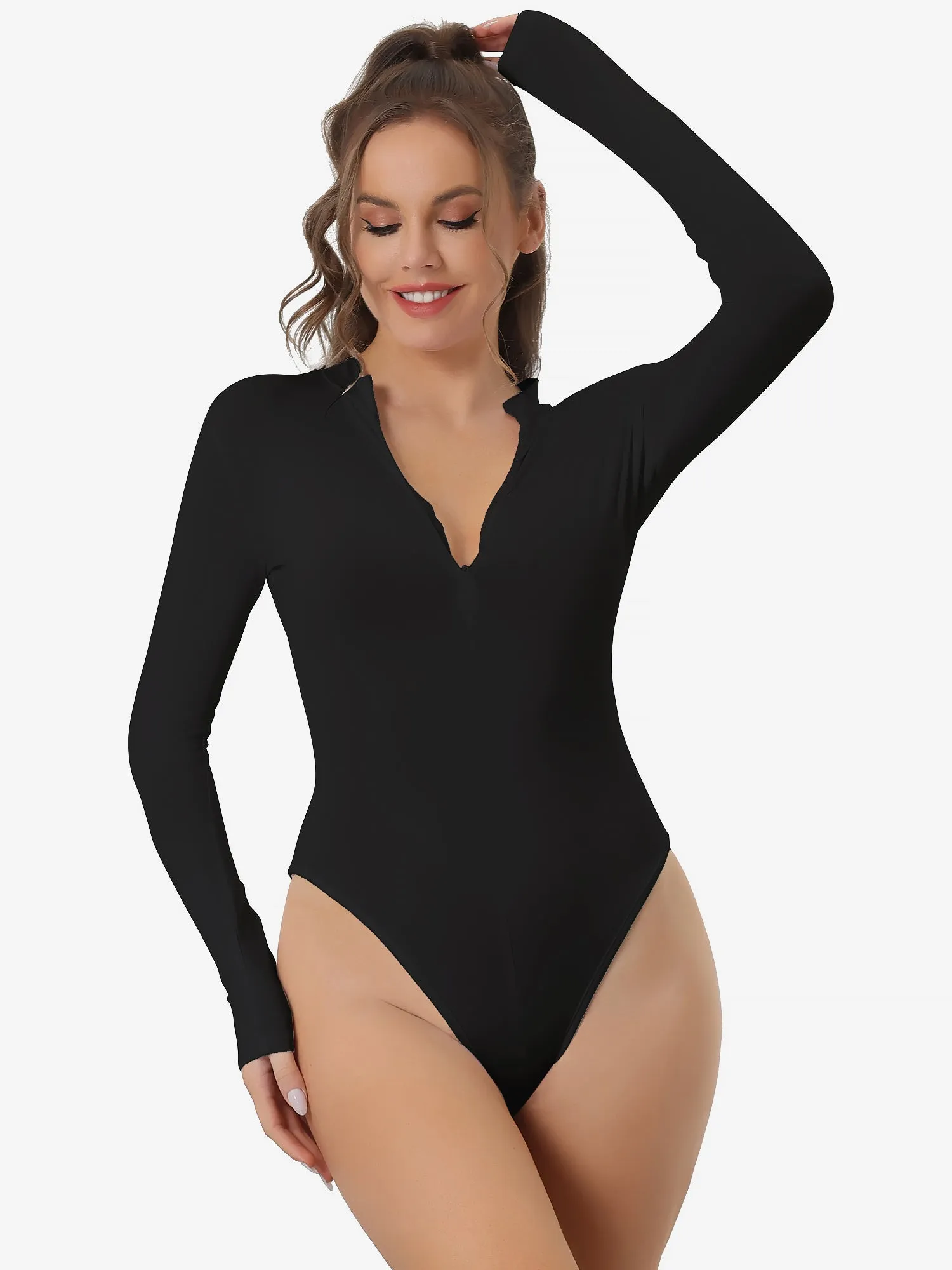 Casual Long Sleeve Solid Zip Front Bodysuit