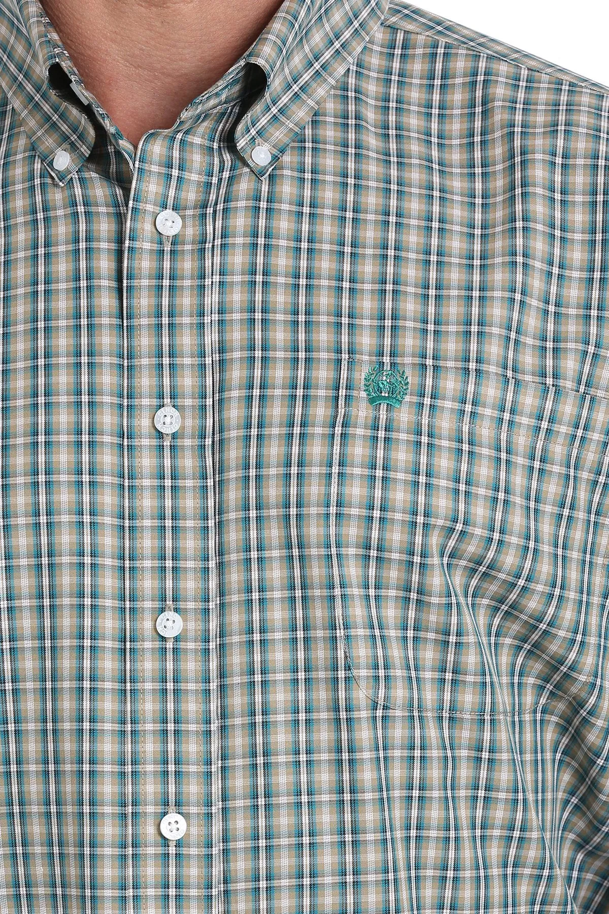 Cinch Men's Tencel Khaki and Green Plaid Button-Down Western Shirt