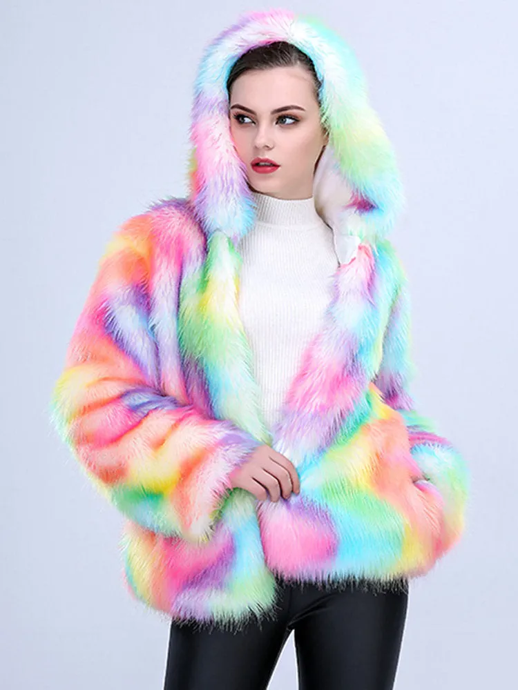 Colorful Faux Fur Hooded Warm Coats