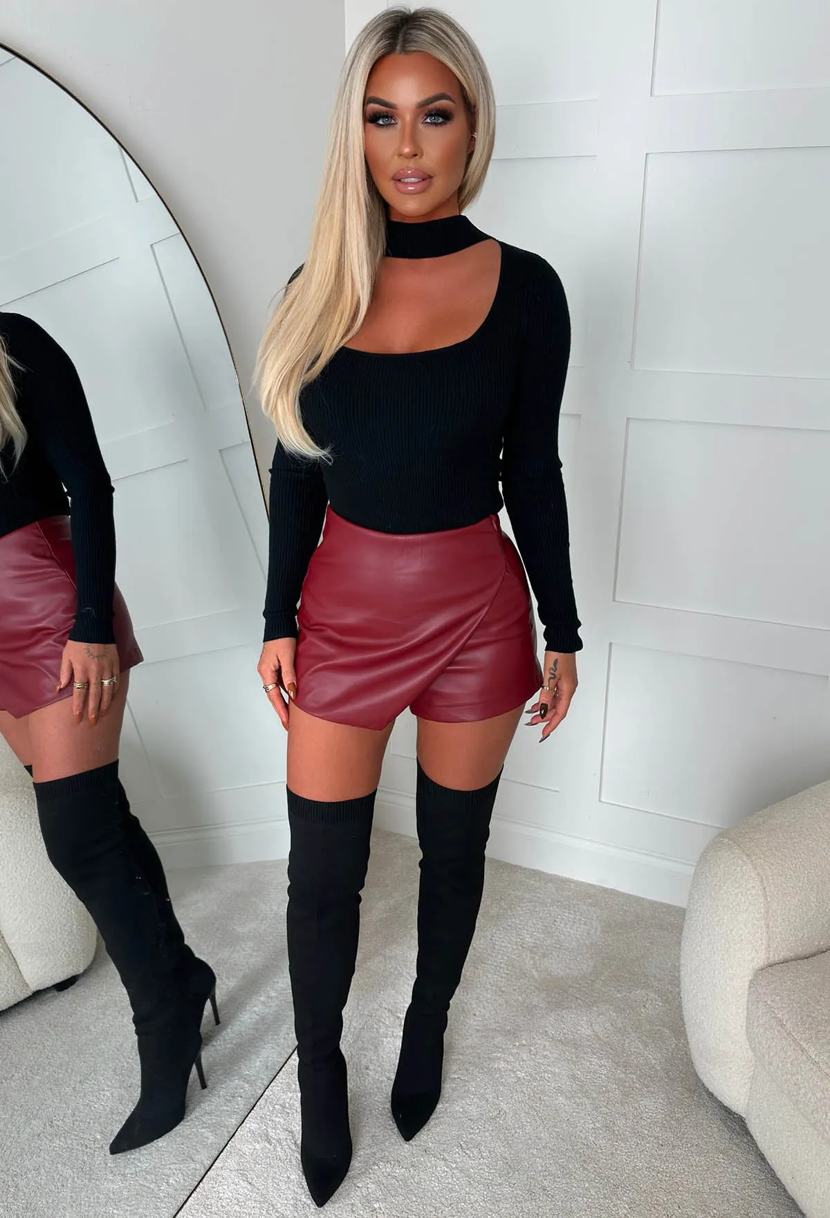 Don't Hold Back Burgundy Faux Leather Wrap Over Skort