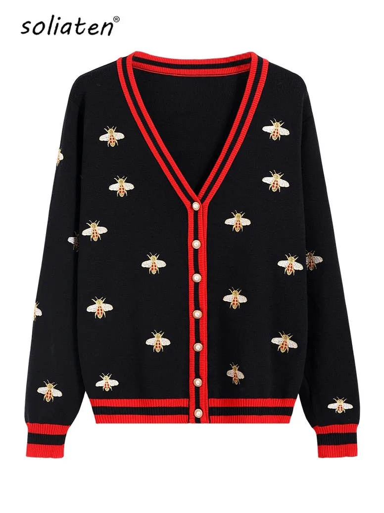 Embroidered Knit V-Neck Cardigan with Animal Pattern