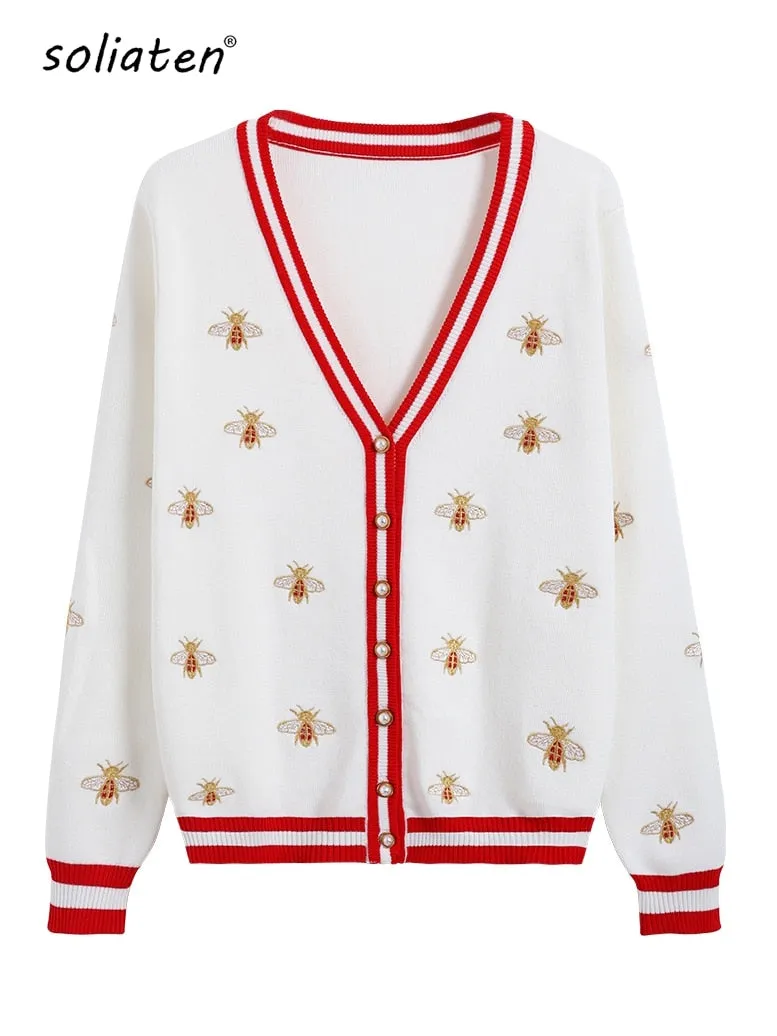 Embroidered Knit V-Neck Cardigan with Animal Pattern