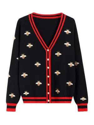 Embroidered Knit V-Neck Cardigan with Animal Pattern