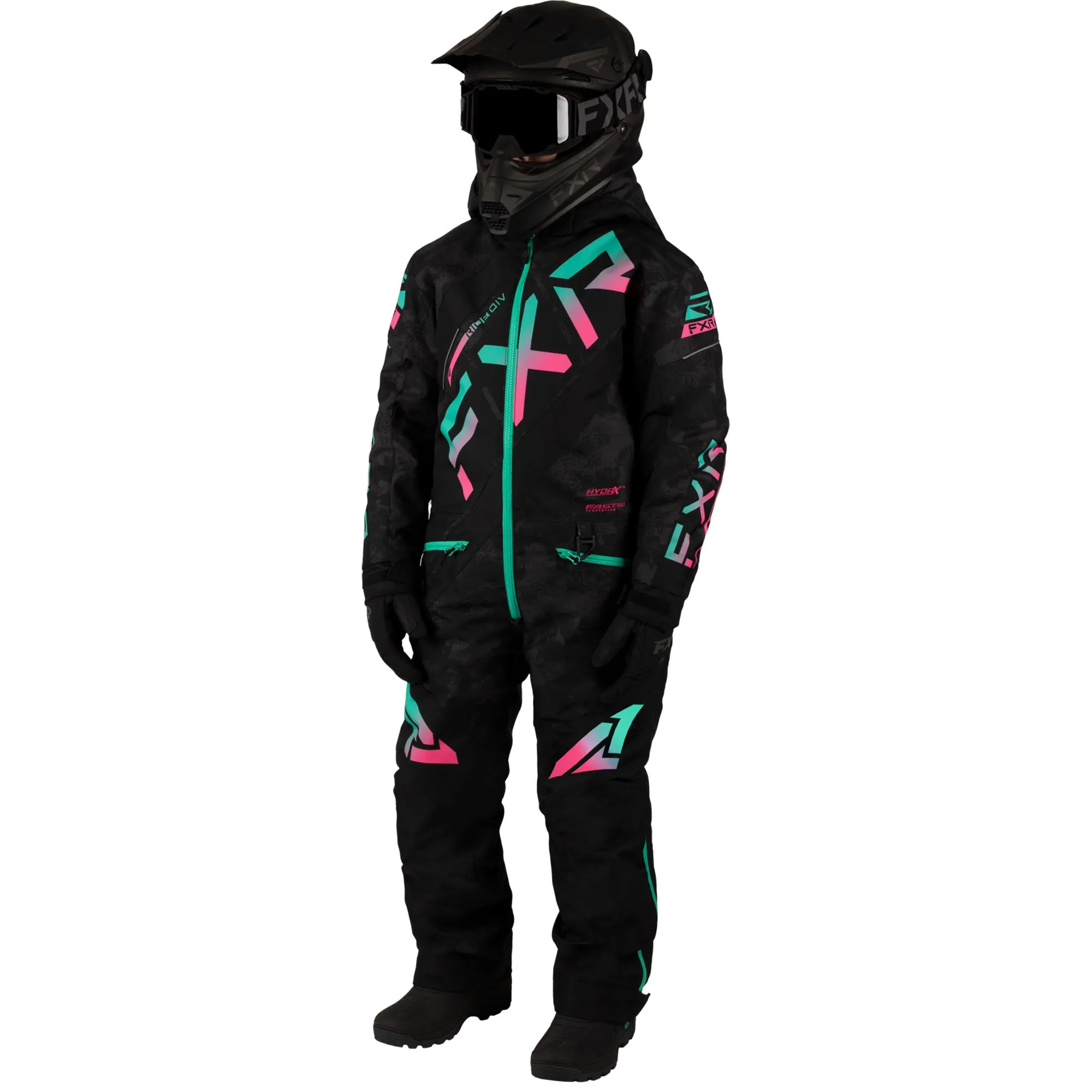 FXR Child CX Snowmobile Monosuit Black Camo/Mint-Electric Pink Fade