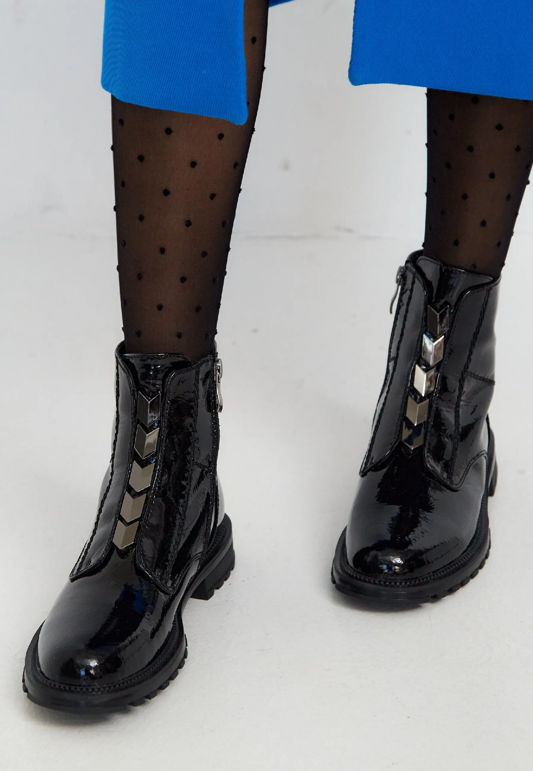 Glossy Zip-Up Ankle Boots - Black