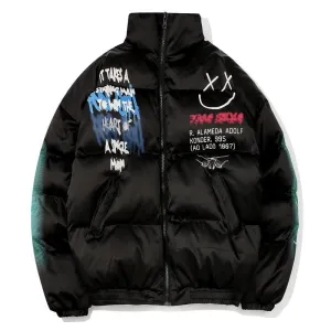 Graffiti Print Puffer Cotton Jackets