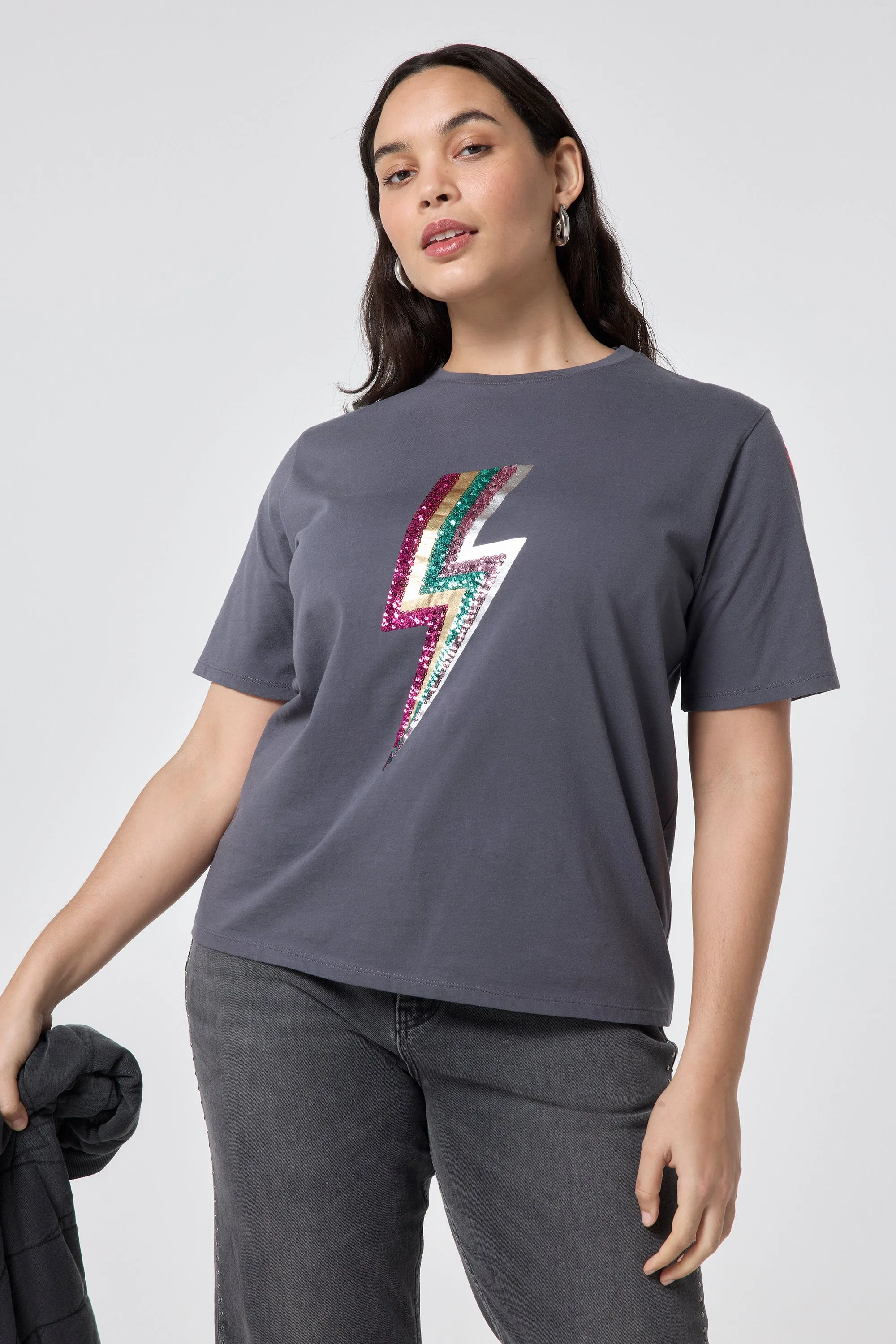 Grey with Multi Coloured Sequin and Foil Lightning Bolt T-Shirt