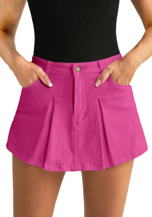 Hot Pink Women's High Waisted Denim Shorts Button Front Casual Denim Skorts With Pocket