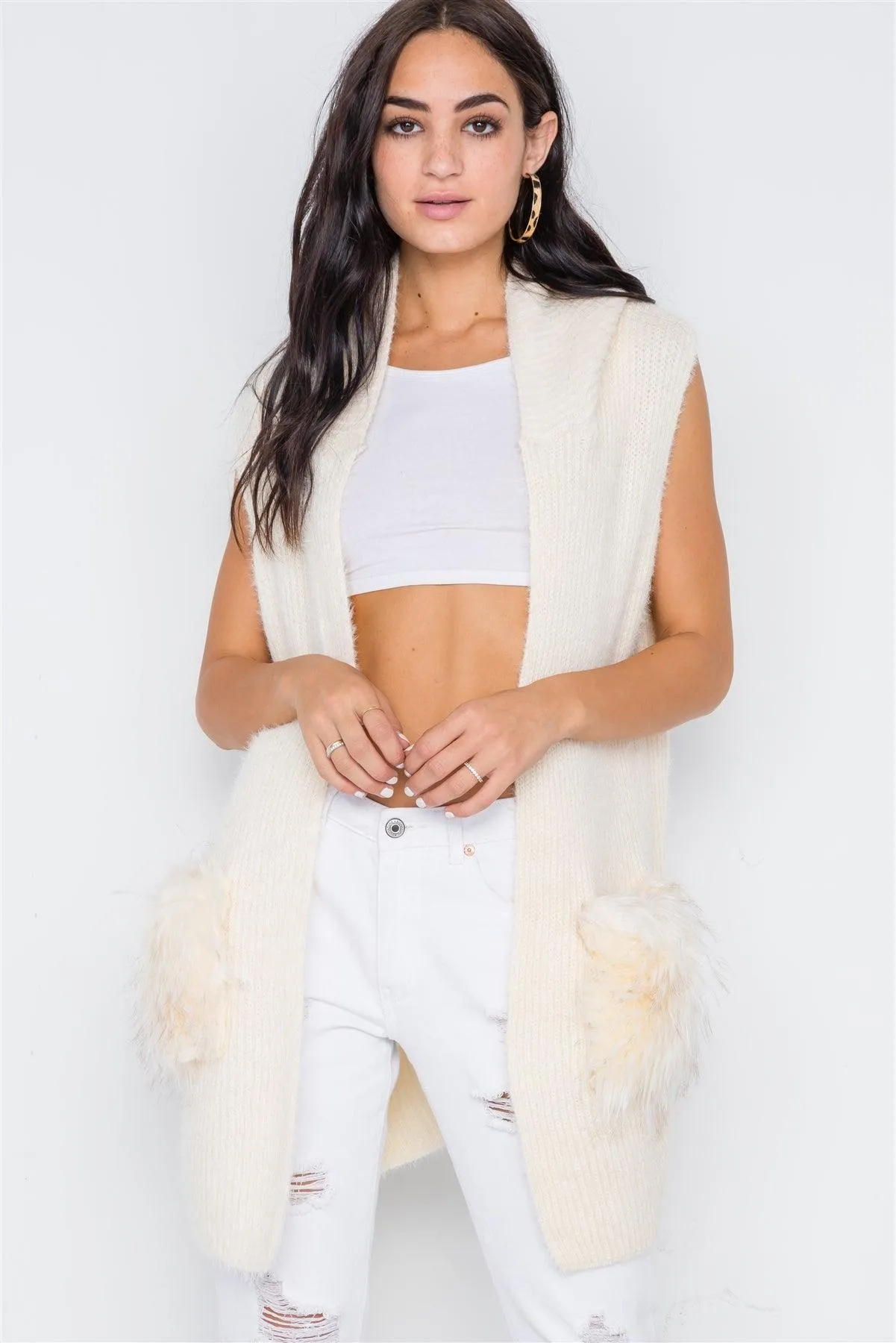 Ivory Soft Knit Hooded Faux Fur Pockets Vest