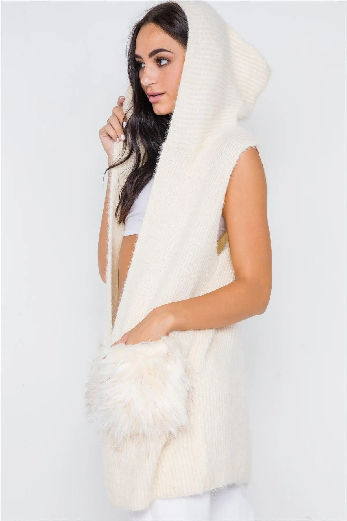 Ivory Soft Knit Hooded Faux Fur Pockets Vest