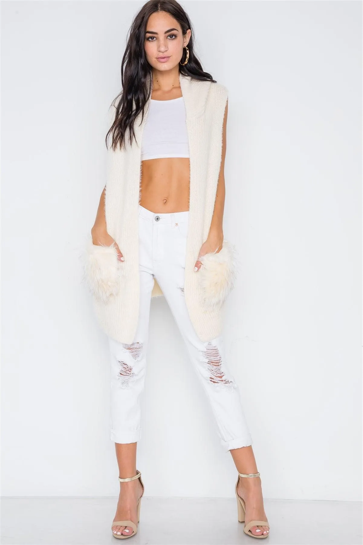 Ivory Soft Knit Hooded Faux Fur Pockets Vest