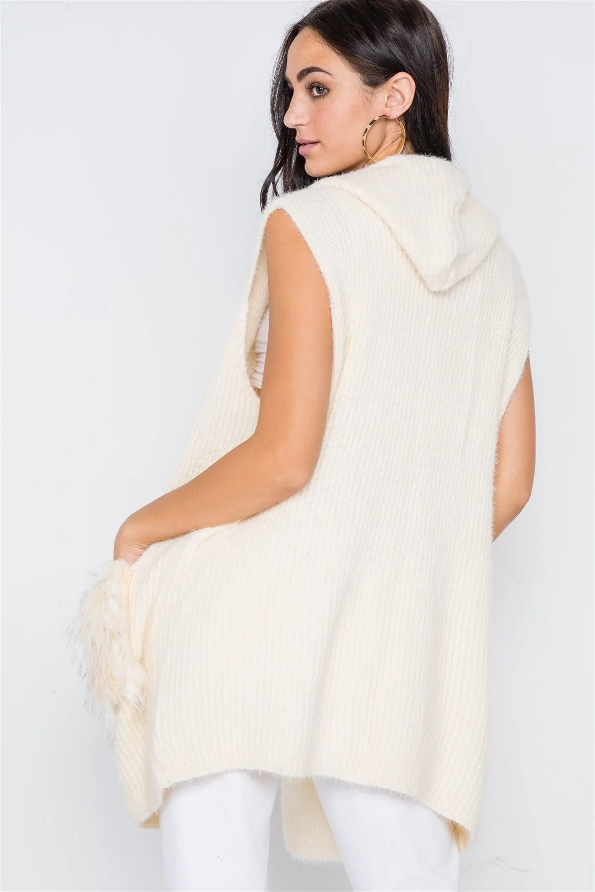 Ivory Soft Knit Hooded Faux Fur Pockets Vest