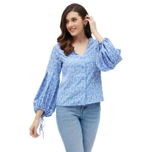 KIBO Women's Floral Print Tie Knot Sleeve Crepe V-Neck Blue Top, Stylish Western | Casual Wear (Small)