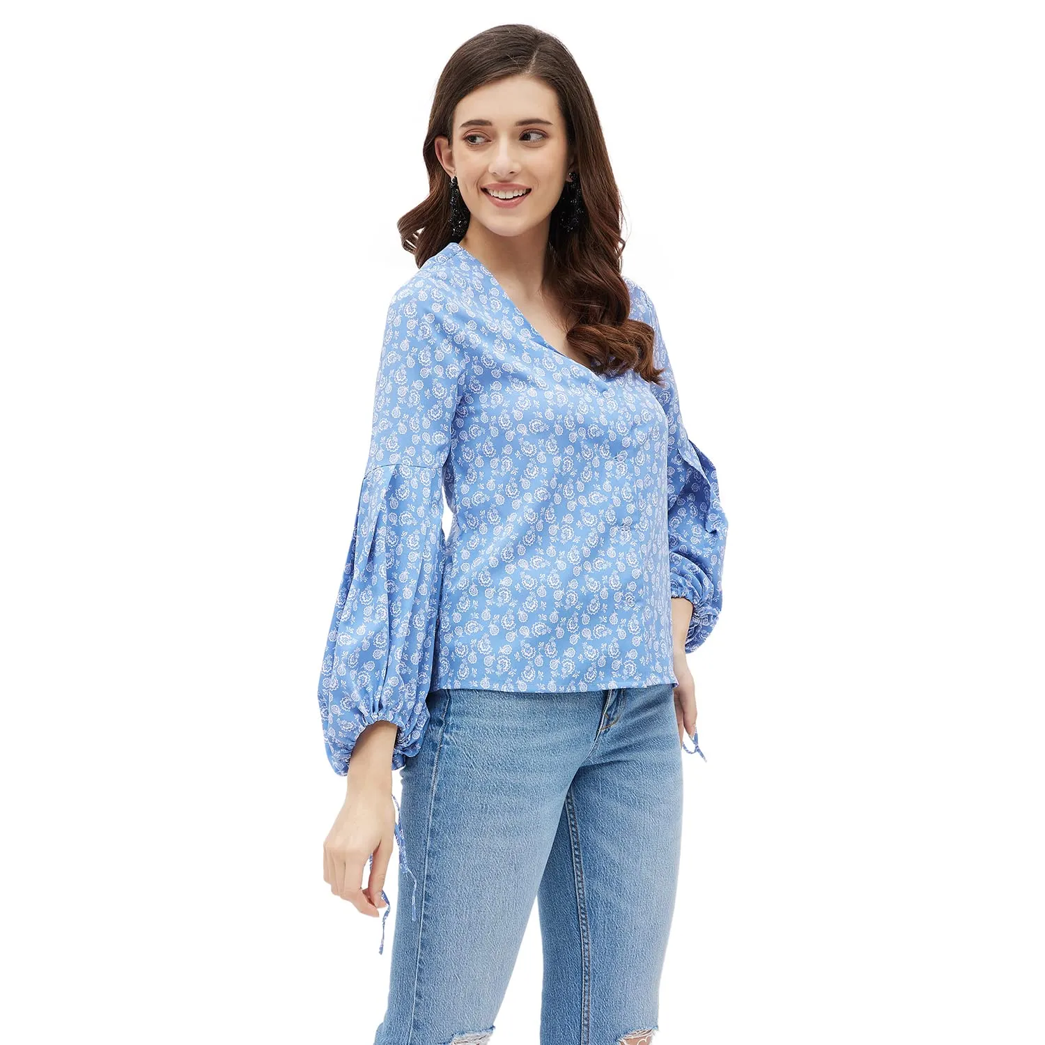 KIBO Women's Floral Print Tie Knot Sleeve Crepe V-Neck Blue Top, Stylish Western | Casual Wear (Small)