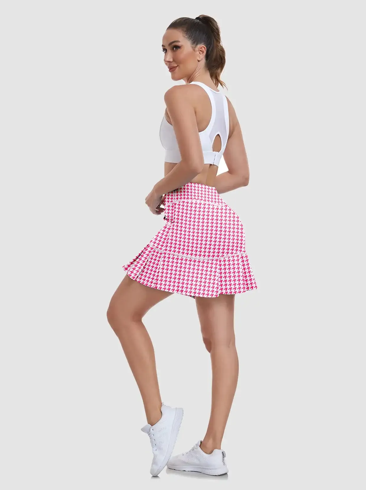 Ladies Pink Houndstooth Pleated Skort with Shorts and Pockets