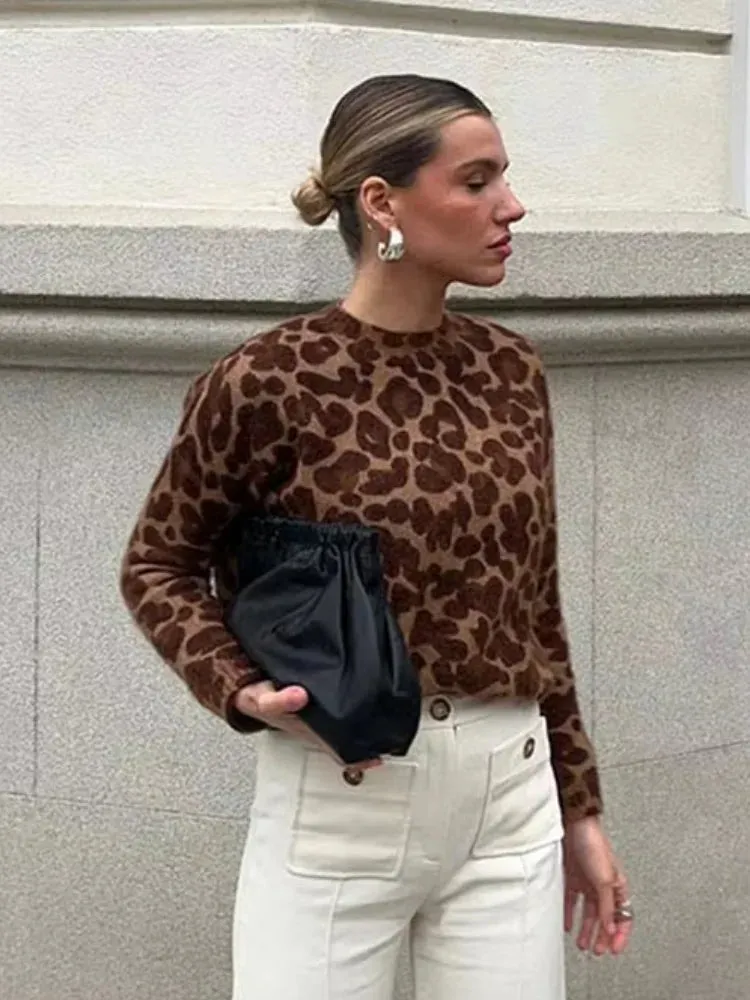 Leopard Printed Knitted Warm For Women Loose O Neck Long Sleeve Sweater