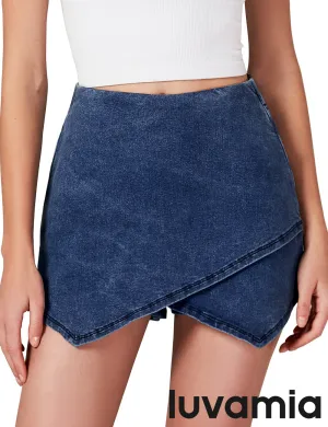 LUVAMIA Denim High Waisted Shorts Skort Stretch Asymmetrical Wrap Skirt