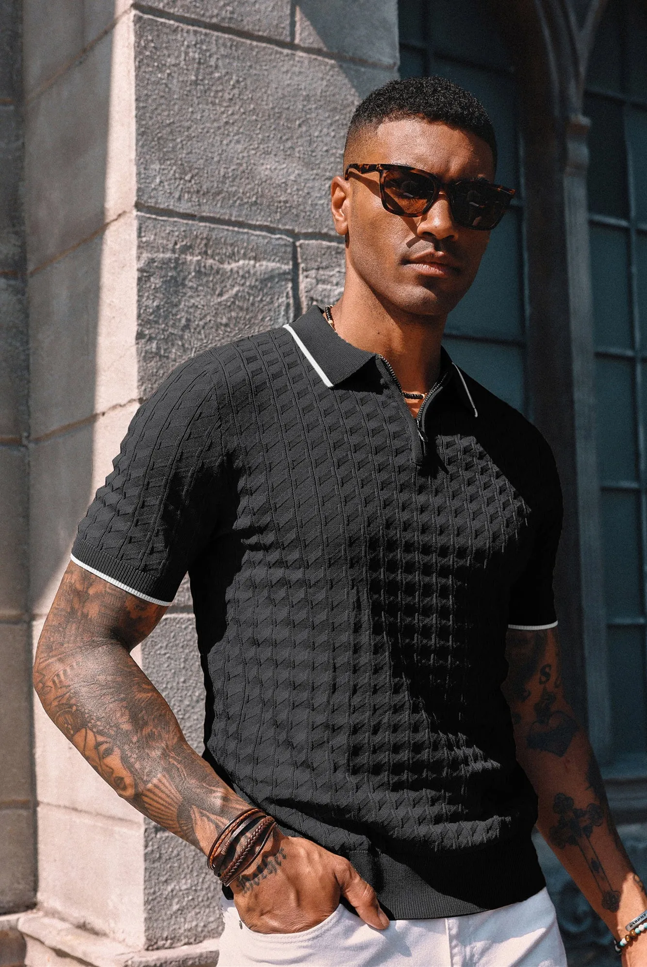 Men Stylish Lapel Collar Knitwear Short Sleeve Zip-up Neck Knitted Shirts