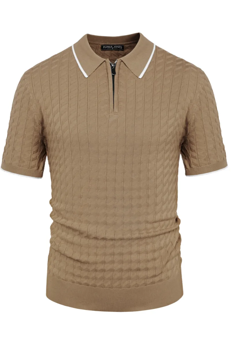 Men Stylish Lapel Collar Knitwear Short Sleeve Zip-up Neck Knitted Shirts