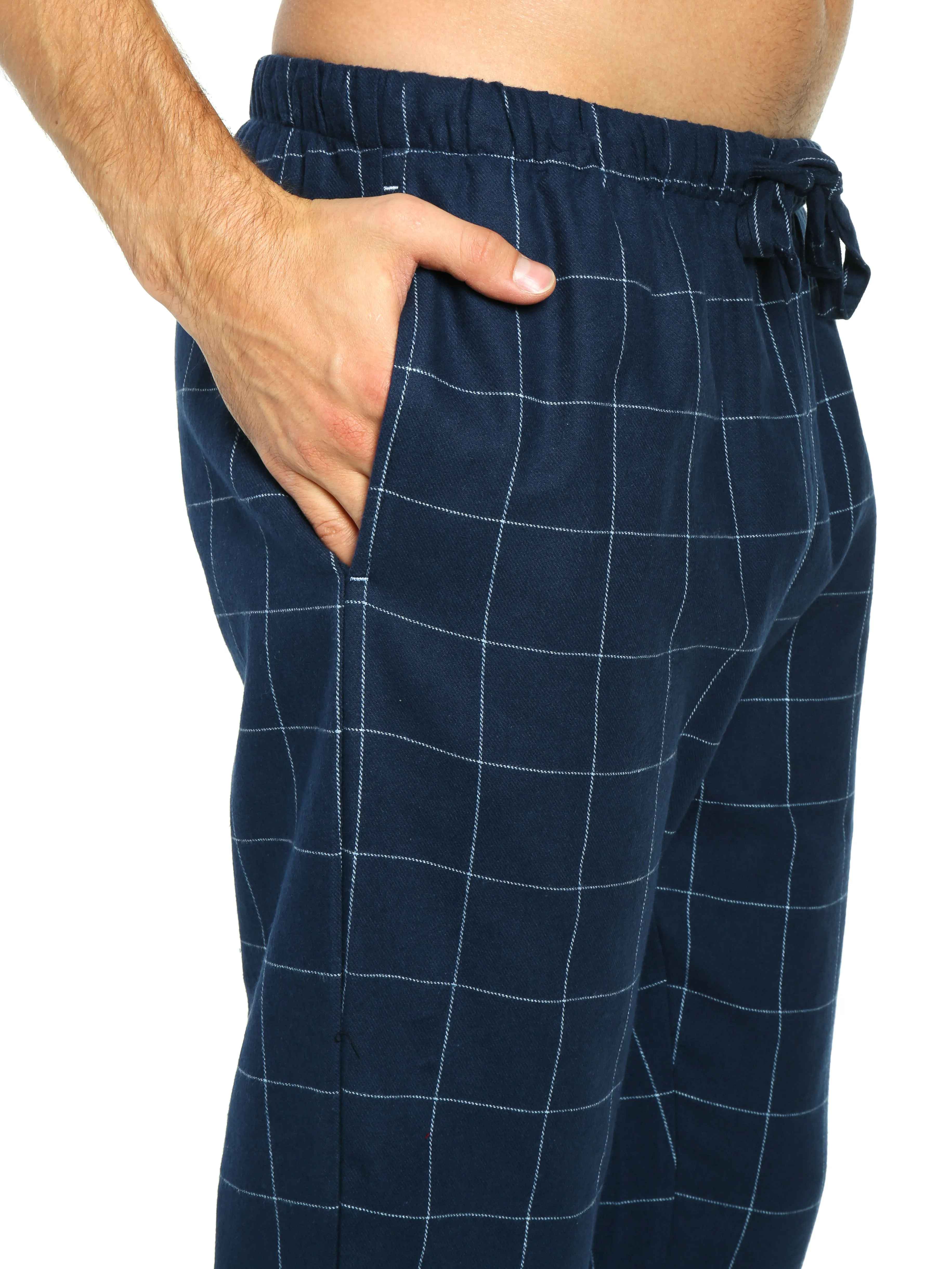 Mens 100% Cotton Flannel Jogger Lounge Pants - Windowpane Checks - Navy