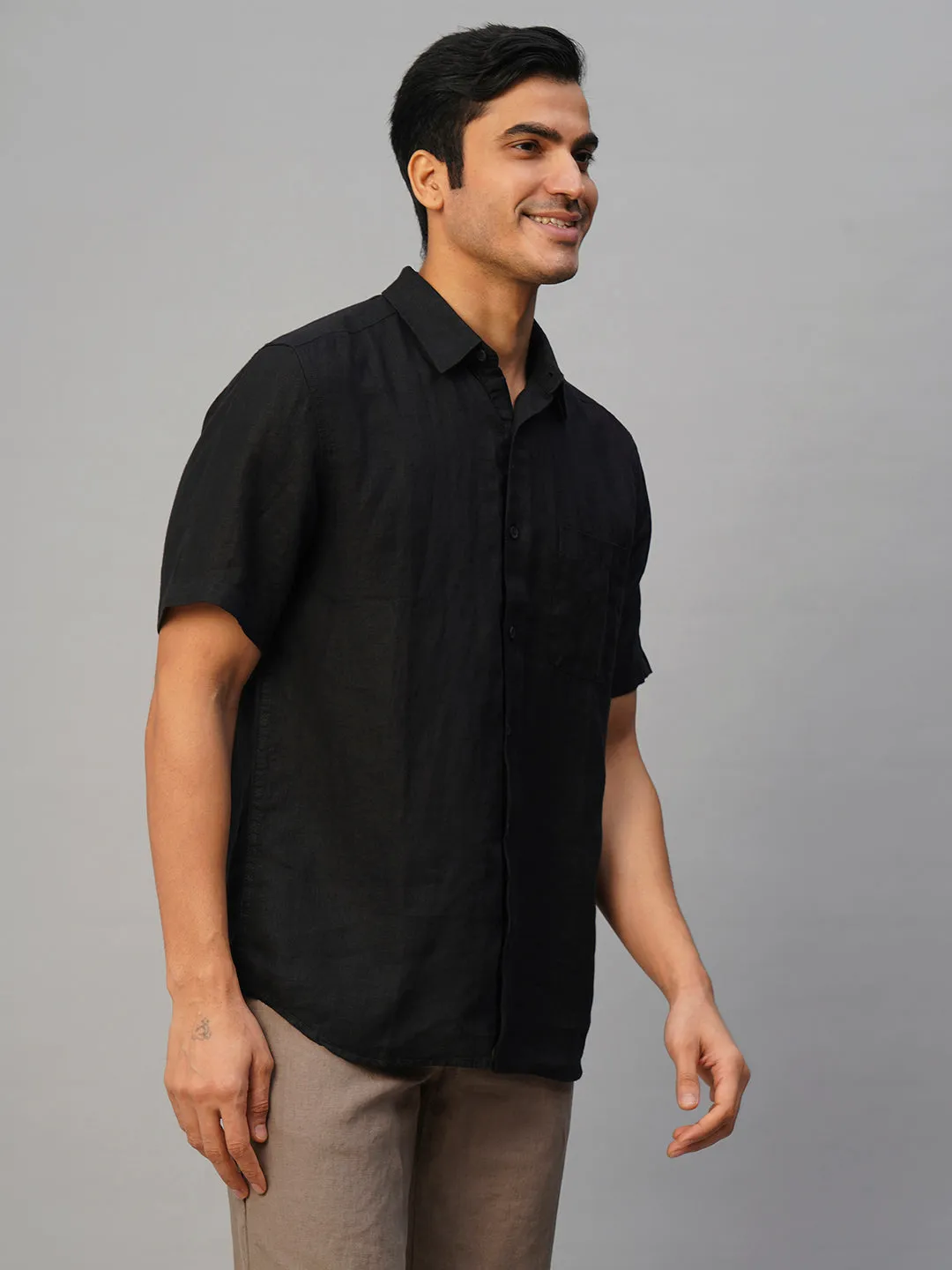 Men's Black 100% Linen Regular Fit Shirt