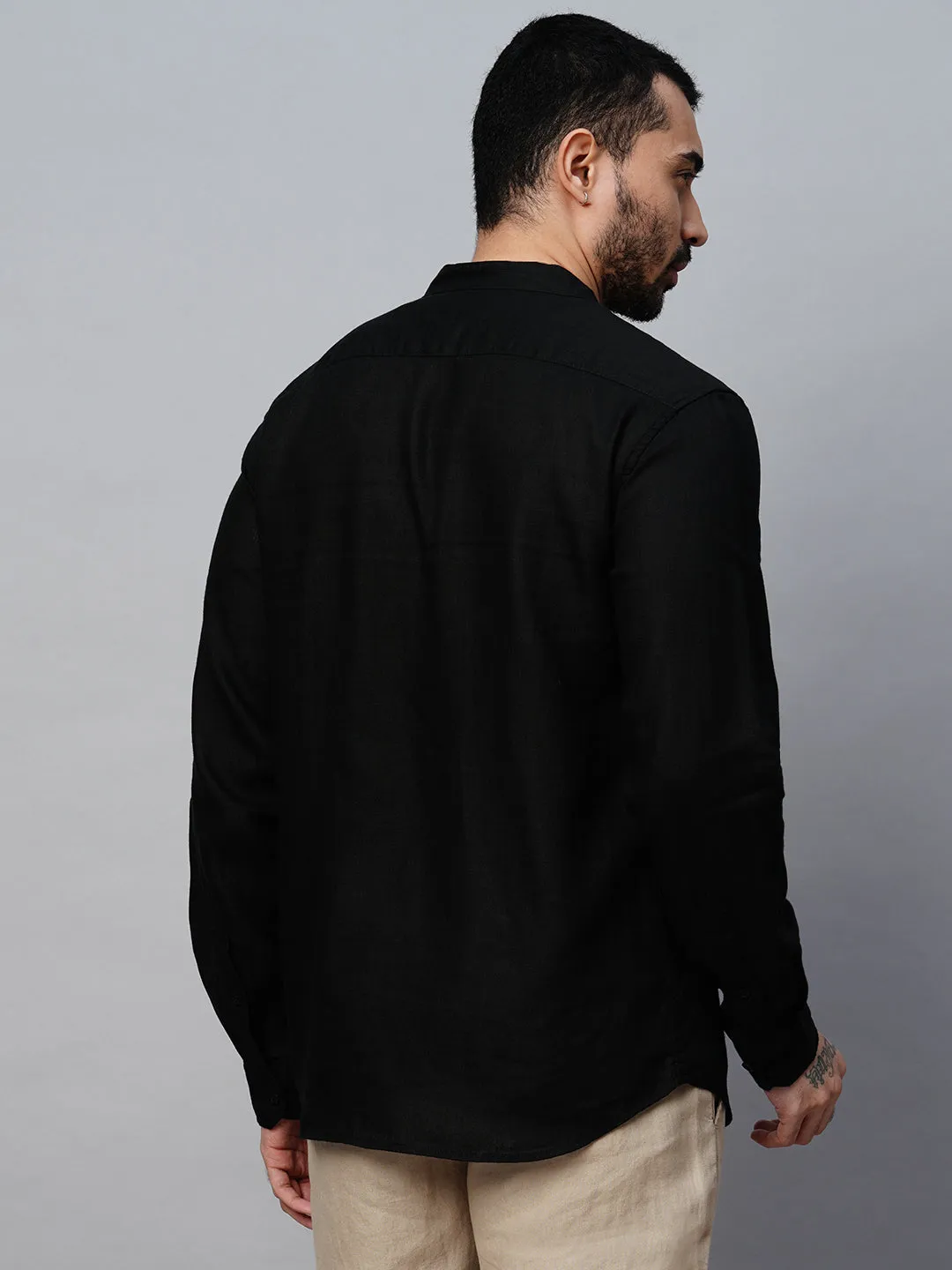 Men's Black 100% Linen Regular Fit Shirt