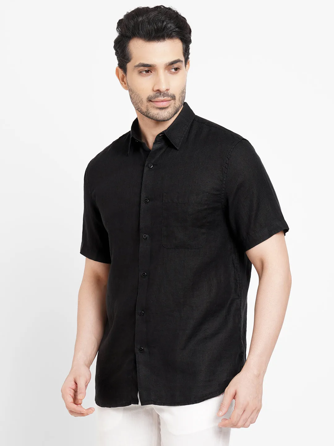 Men's Black 100% Linen Regular Fit Short Sleeved Shirt