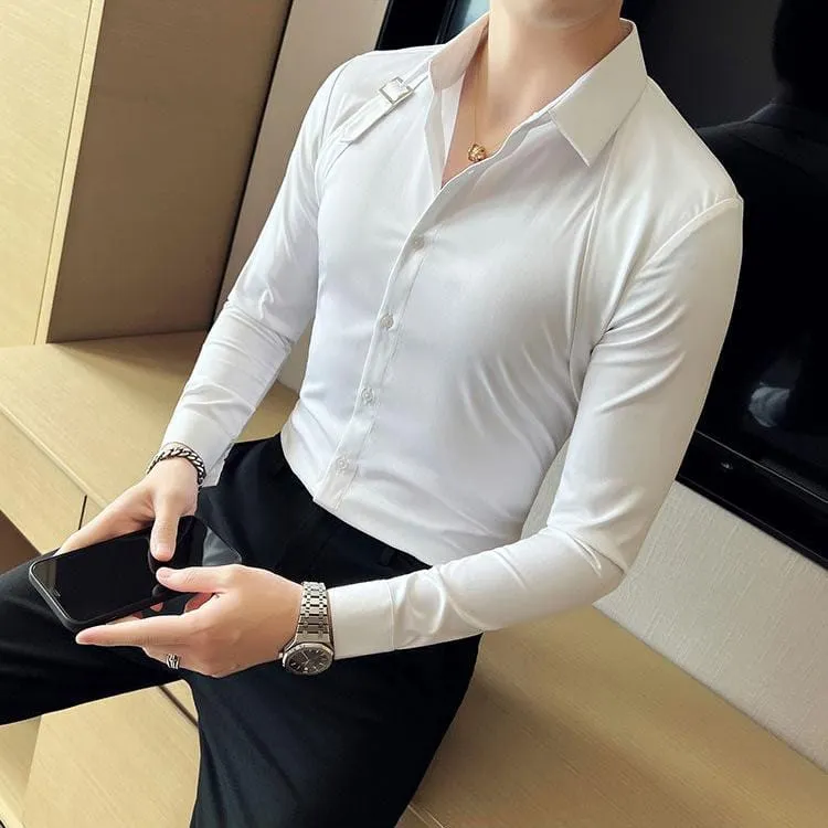 Men's Slim Fit Long Sleeve Shirt with Strap Detail – Casual Dress Shirt for Stylish Looks