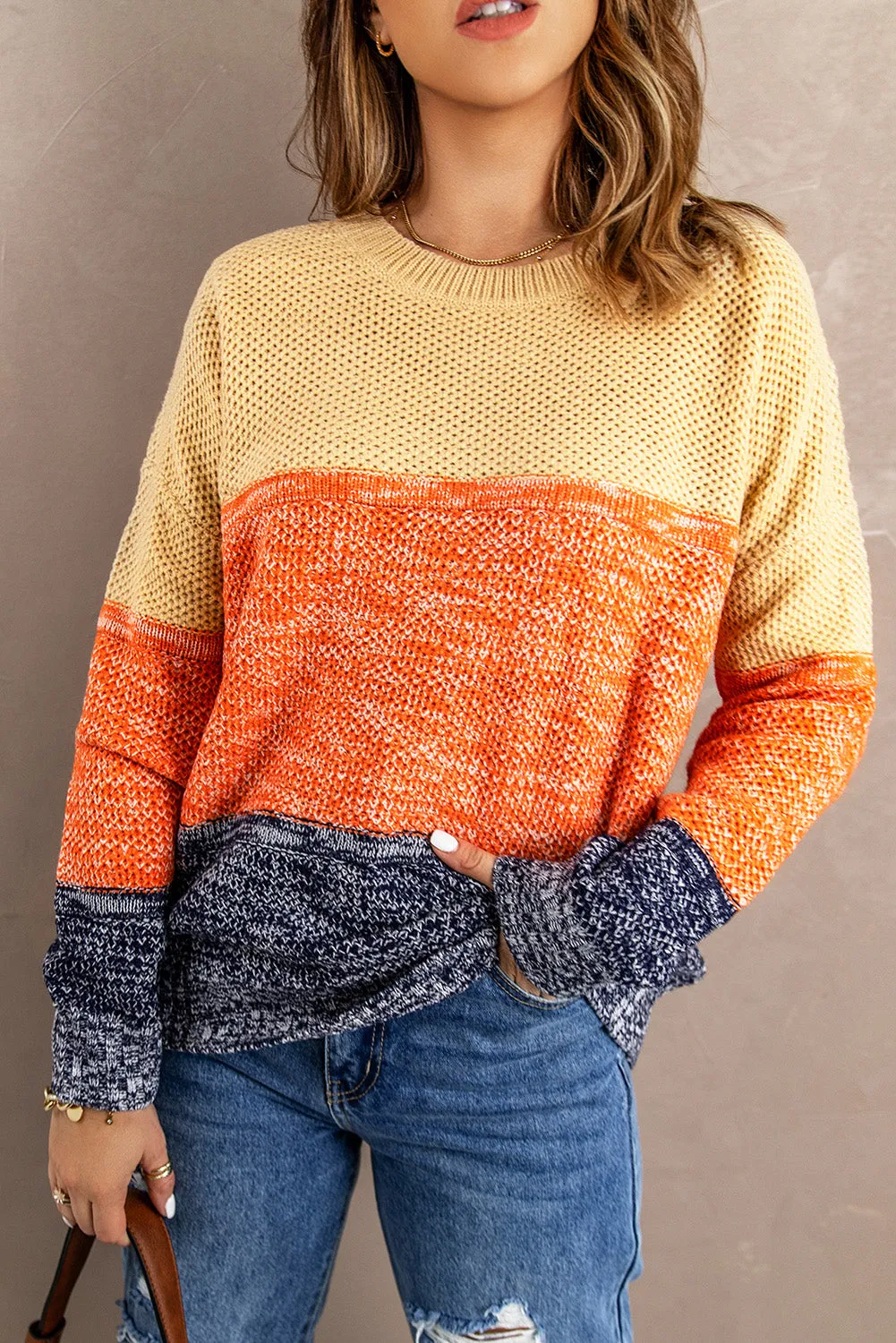 Orange Blue Color Block Sweater