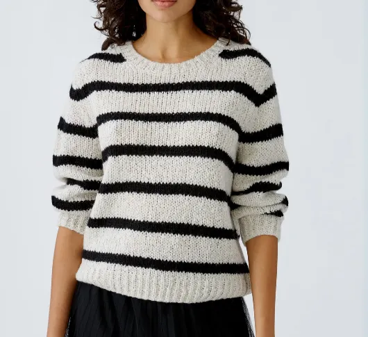 Oui - Stripe Crew Sweater in Light Camel Grey