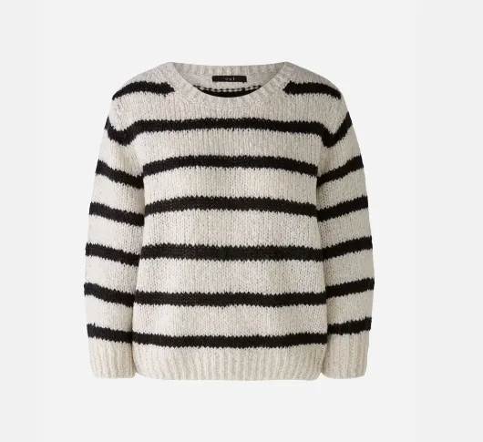 Oui - Stripe Crew Sweater in Light Camel Grey