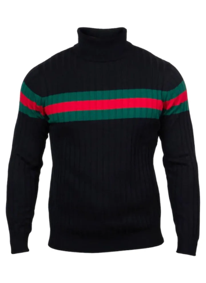 Prestige Black Men's Turtleneck Sweaters Regular-Fit Red and Green Stripe