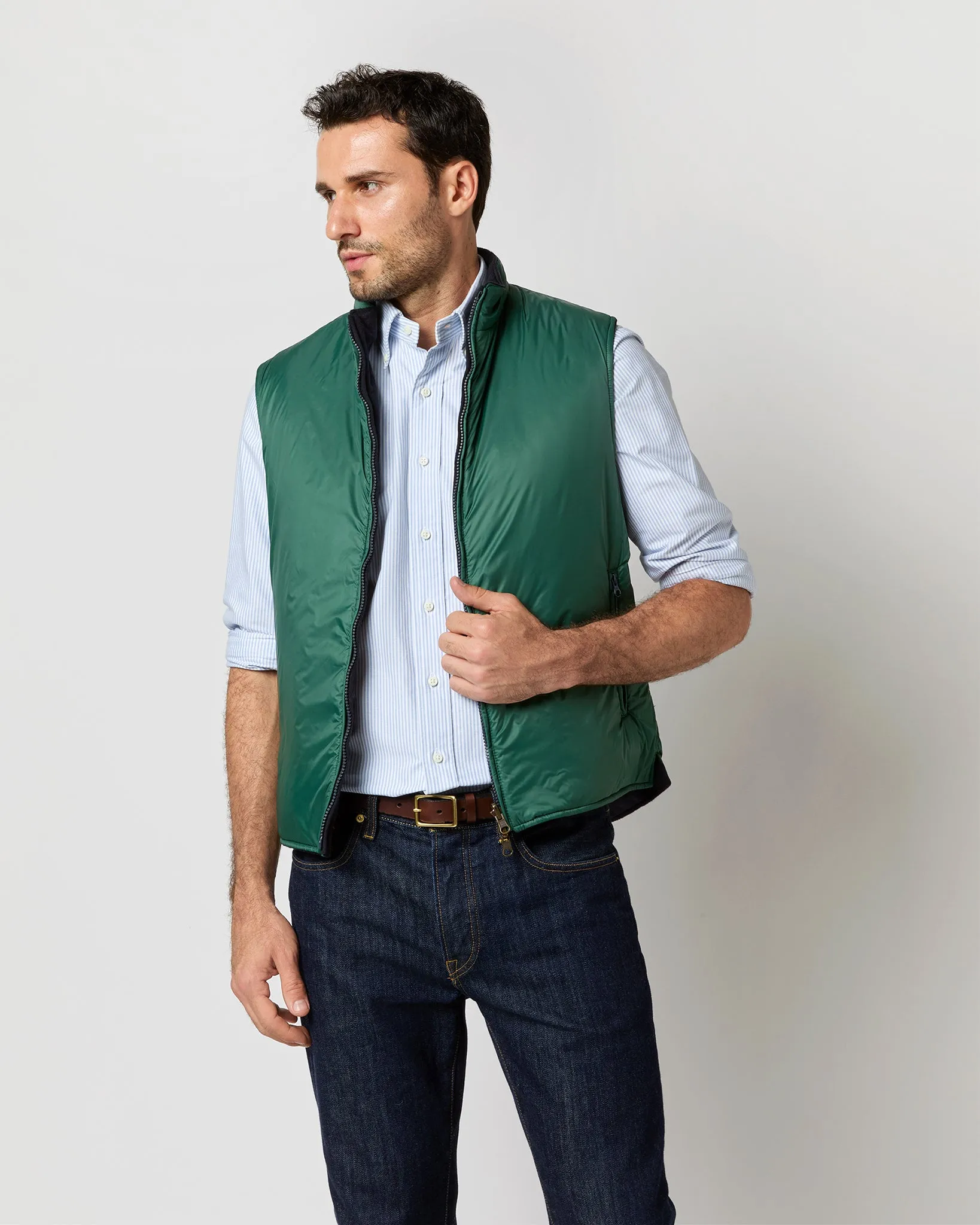 Reversible Cashpad Zip Vest in Spruce Nylon/Navy Cashmere Flannel