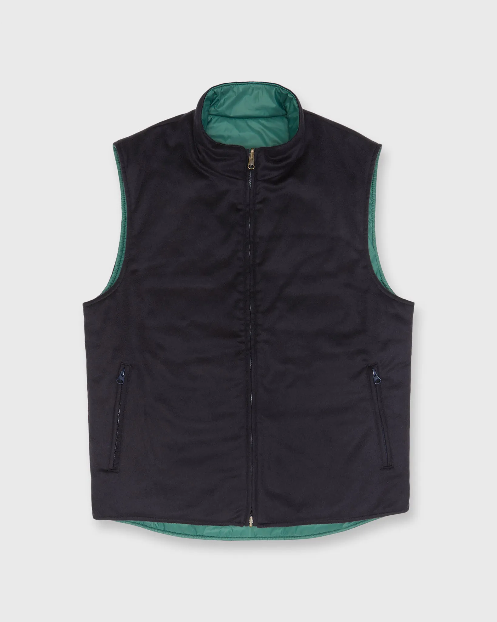 Reversible Cashpad Zip Vest in Spruce Nylon/Navy Cashmere Flannel