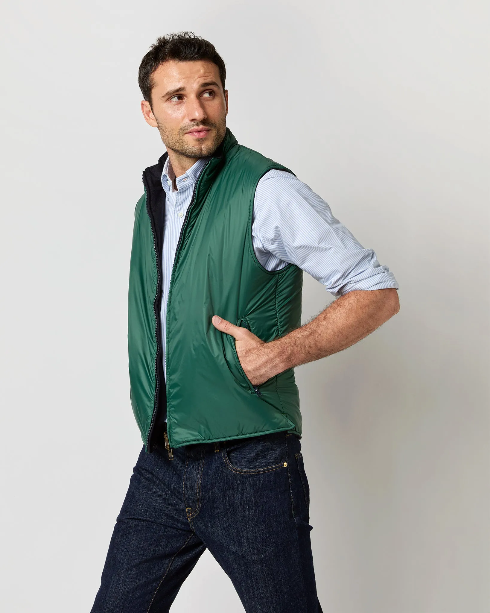 Reversible Cashpad Zip Vest in Spruce Nylon/Navy Cashmere Flannel