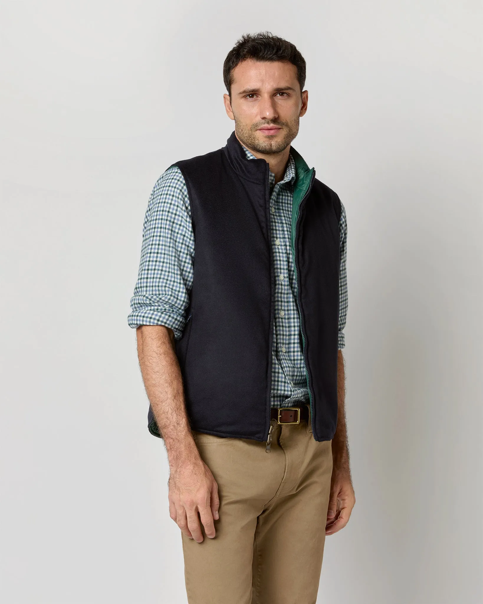 Reversible Cashpad Zip Vest in Spruce Nylon/Navy Cashmere Flannel