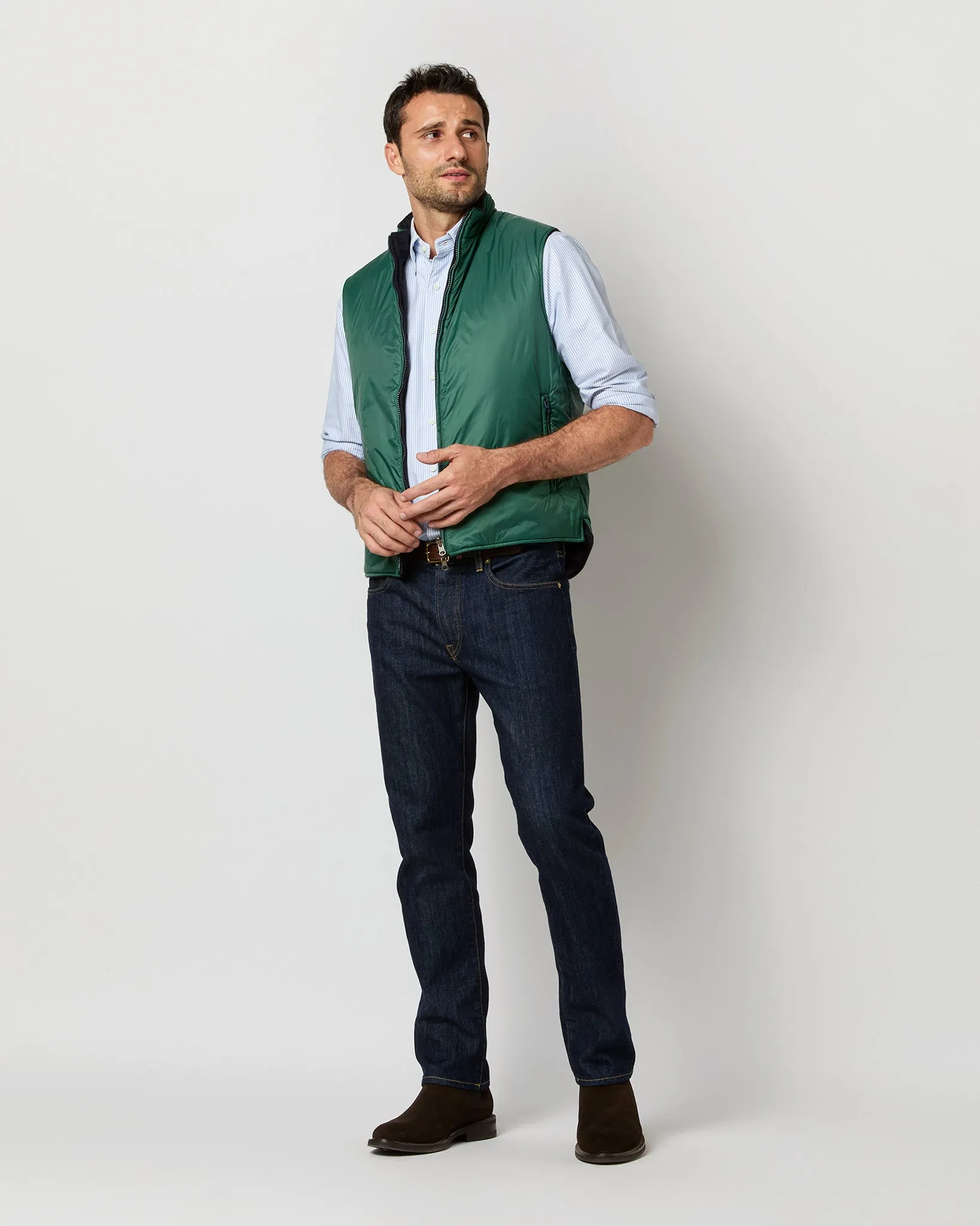 Reversible Cashpad Zip Vest in Spruce Nylon/Navy Cashmere Flannel