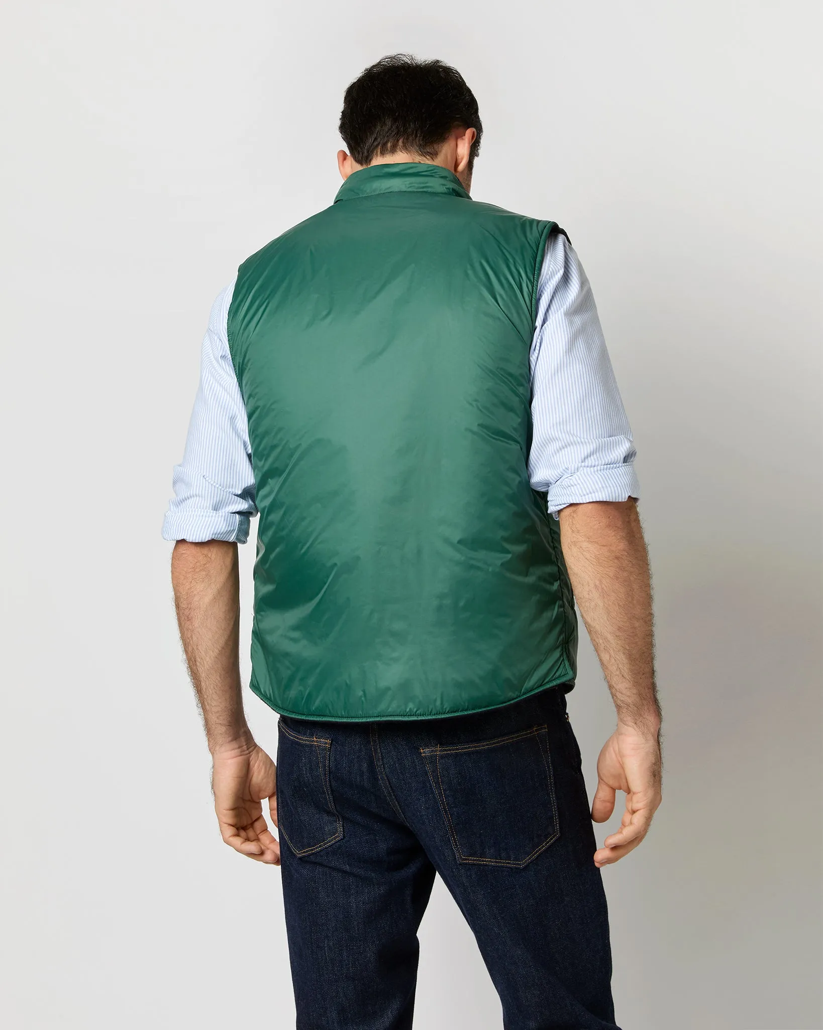 Reversible Cashpad Zip Vest in Spruce Nylon/Navy Cashmere Flannel